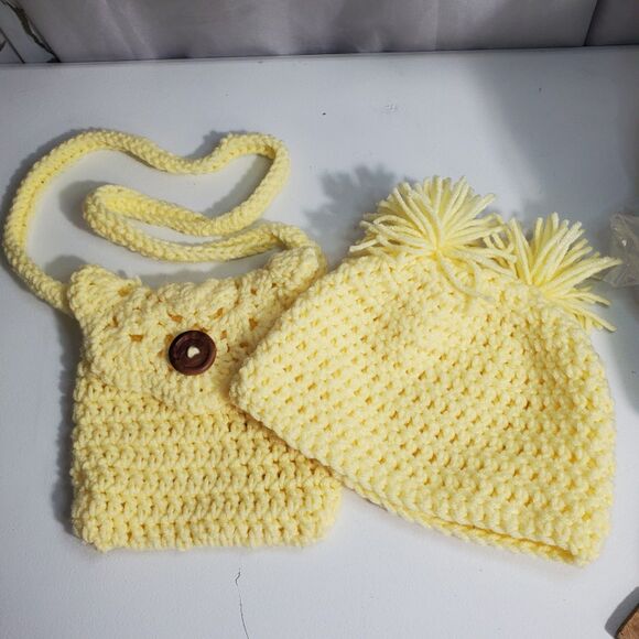 Girls Hand Crochet Crossbody Bag and Hat in Bright Yellow-Set- - Picture 1 of 5